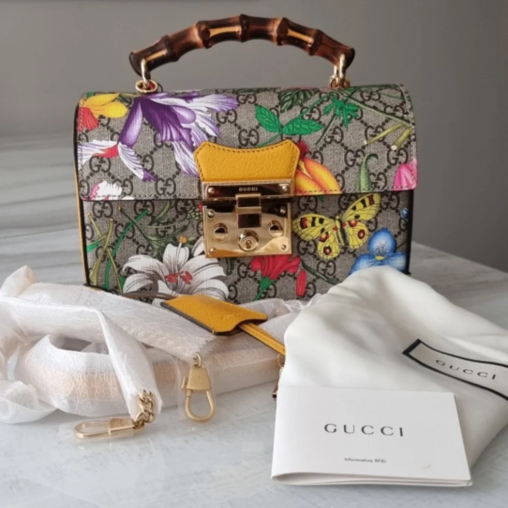 GUCCI GG SUPREME MONOGRAM FLORA BAMBOO PADLOCK BAG - Picture 13 of 13